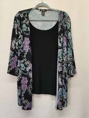 Susan Lawrence Black Cardigan with Purple and Light Blue Floral Print